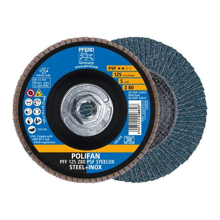 Pferd 5" x 5/8-11 Thd. POLIFAN Flap Disc - Z PSF STEELOX, Zirconia, 80 Grit, Flat 63017